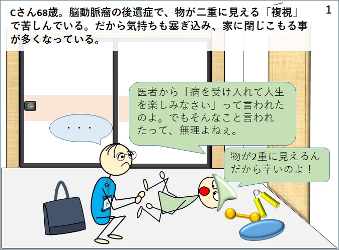 訪問リハビリの利用者様で物が二重に見える障害を負っている