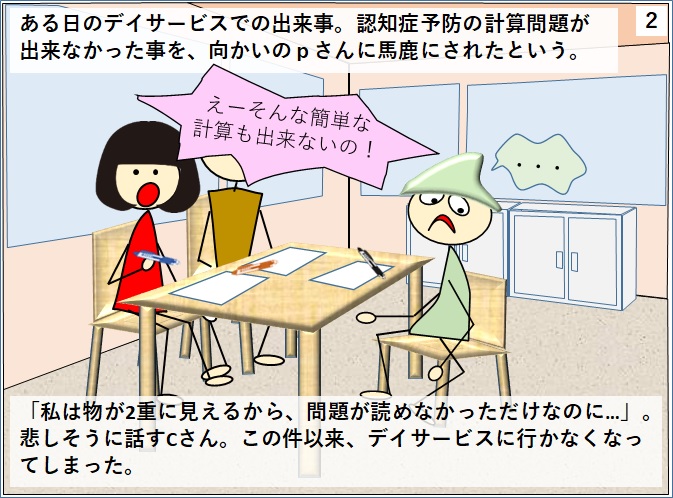デイサービスで簡単な計算問題が出来ないでいると、向かいの利用者に馬鹿にされた。物が二重に見える障害で問題文が読めなかっただけなのに。ショックでデイサービスに行かなくなってしまった